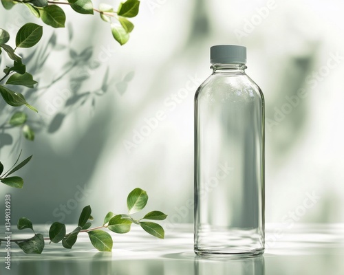 Pure Refreshment: A crystal-clear water bottle, with a simple cap, stands elegantly amidst fresh green leaves with blurred shadow. conveying a sense of purity, hydration, and natural well-being.