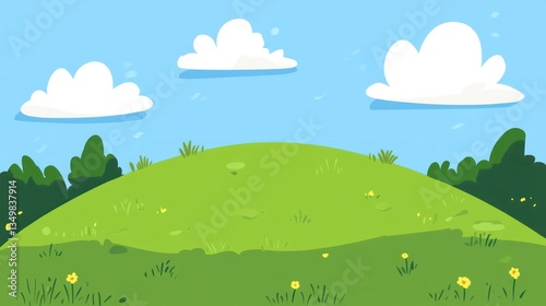 Cartoon landscape of a grassy hill under a blue sky.  Possible use children's book illustration, background for a game