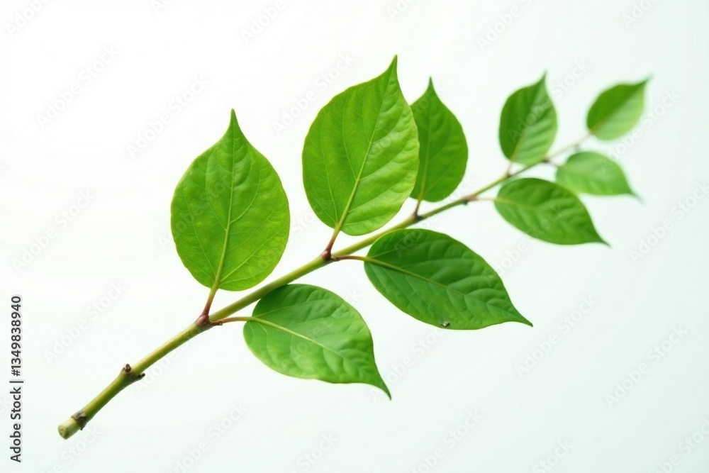 Fototapeta premium Single isolated branch with green leaves on white background, Stem, Leaf