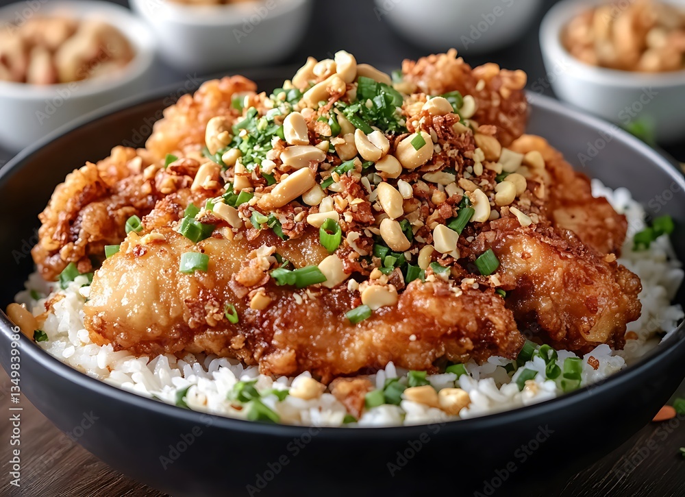 A mouthwatering dish of fried chicken with cashews and peanuts, sprinkled with fresh green chives on a bed of rice, presented in an elegant black bowl against the backdrop of a dark wooden table A mouthwatering dish of fried chicken with cashews and peanuts, sprinkled with fresh green chives on a bed of rice, presented in an elegant black bowl against the backdrop of a dark wooden table