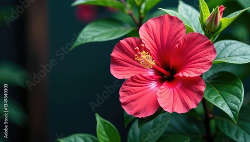 Bold hibiscus print, stylized petals, contrasting colors, lush leaves , botanical, seamless, plant