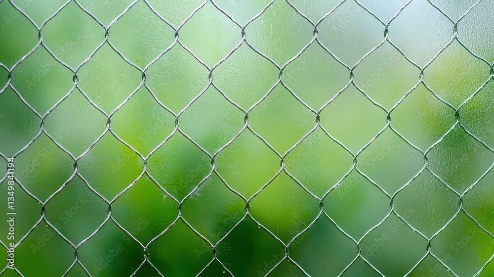 Fototapeta premium A diamond-patterned net is stretched taut against a blurred backdrop of green foliage.