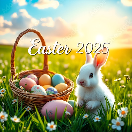 Cute Easter Bunny with Colorful Eggs in a Festive Spring Setting with Easter 2025 text.