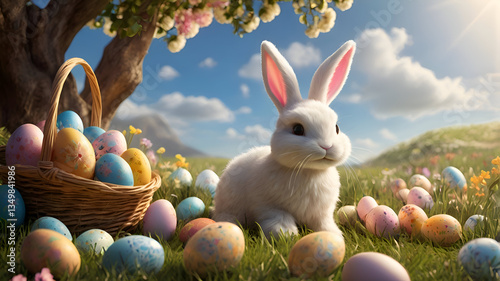 Cute Easter bunny with colorful eggs in a festive spring setting