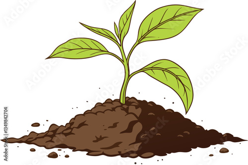 49 Young plant seedling, vibrant green leaves, rich dark soil, mound of earth, white background, macro photography, high detail, crisp focus, organic growth, new life, gardening, botany study, isolate