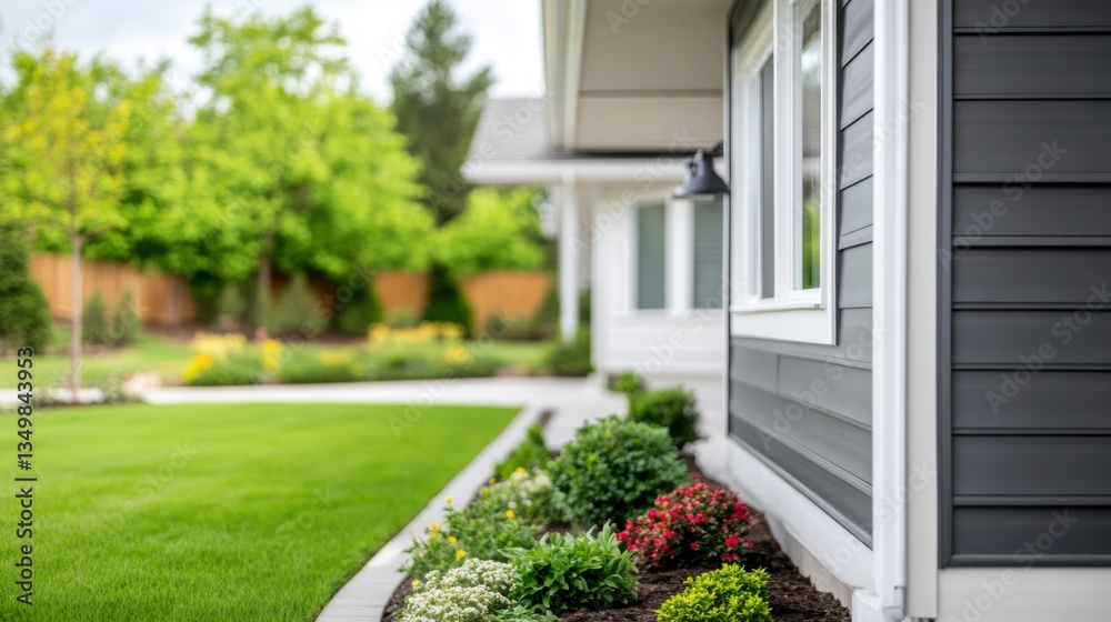 Fototapeta premium Beautiful Modern Home Exterior with Lush Landscaping, Vibrant Flowers, and Neatly Manicured Lawn