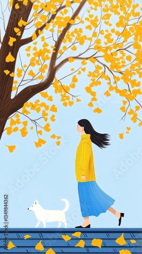 Woman walking dog under autumn tree