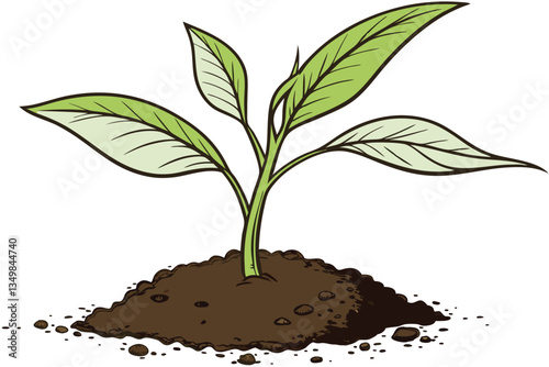 49 Young plant seedling, vibrant green leaves, rich dark soil, mound of earth, white background, macro photography, high detail, crisp focus, organic growth, new life, gardening, botany study, isolate
