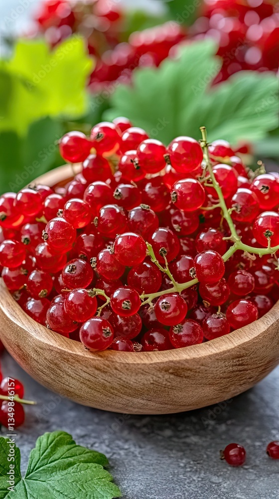 Freshly harvested red currants in a wooden bowl surrounded by green leaves on a rustic table, showcasing the vibrant colors and texture of the berries Freshly harvested red currants in a wooden bowl surrounded by green leaves on a rustic table, showcasing the vibrant colors and texture of the berries