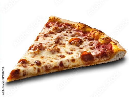 Delicious pizza slice, close-up, studio shot, white background