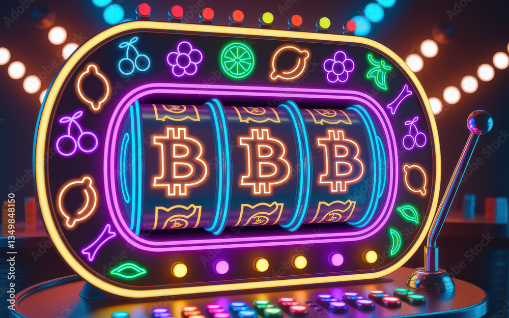Vibrant Neon Cryptocurrency Slots Machine with Colorful Fruit Symbols and Bold Bitcoin Sign Vibrant Neon Cryptocurrency Slots Machine with Colorful Fruit Symbols and Bold Bitcoin Sign
