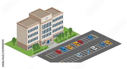 Isometric View of School Building with Cars in Parking Lot