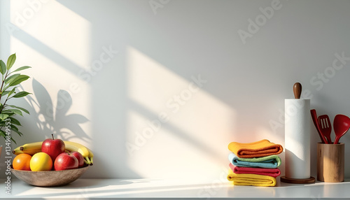 木製ボウルに盛られたフルーツとカラフルなキッチンタオルが映えるミニマルなキッチンインテリア｜自然光と影が美しいナチュラルな暮らしのワンシーン