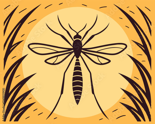 Vector illustration of a stylized mosquito against a warm orange circular background with reeds