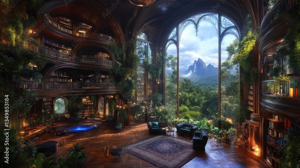 Obraz premium Enchanted library with panoramic jungle views