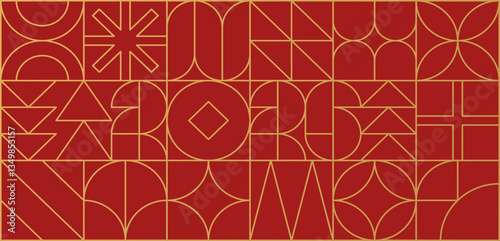 Horizontal outline abstract background with Chinese New Year 2026. Number and geometric shape in retro style in red, yellow and gold color. Seamless pattern for calendar, wallpaper. Vector EPS10