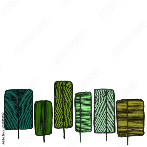 Hand drawn line art doodle scandinavian mock up with copy space on white background.Stylized different shaped wood trees in green tones simple minimalistic summer border banner.