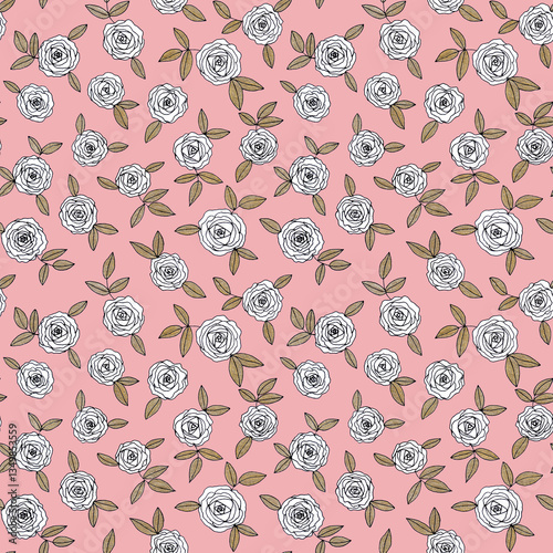 Floral hand drawn doodle black line art white roses with golden leaves as seamless botanical pattern on pink background for print, wrapper, cards,invitations.