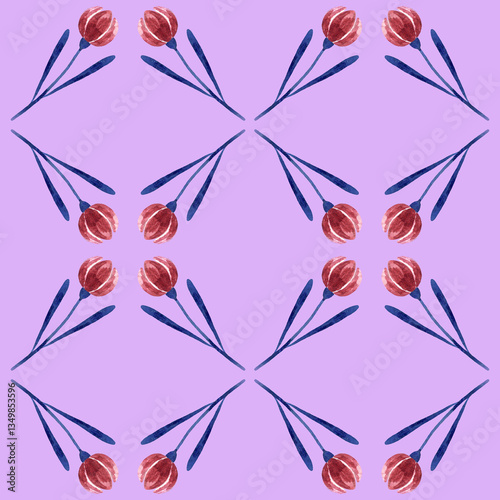 Seamless pattern made of tiny red flowers on a pale purple background. Design for invitation, wedding or greeting cards