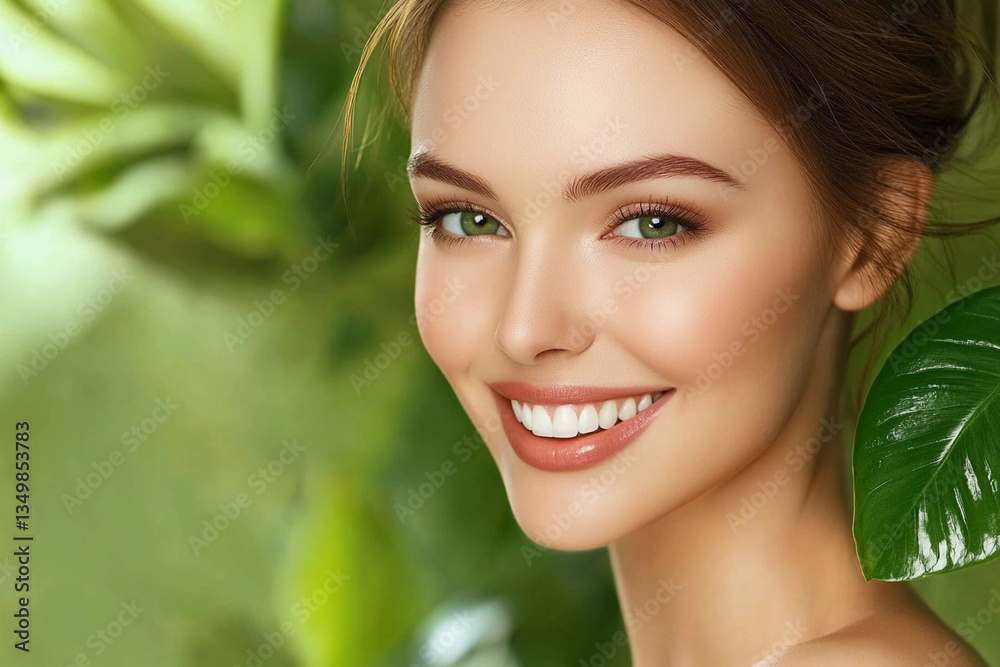 Elegant woman smiling warmly among lush greenery Generative AI Elegant woman smiling warmly among lush greenery Generative AI