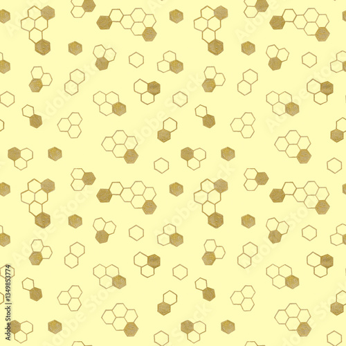Cute hand drawn line art seamless pattern with golden hexagons of honeycombs in behives on yellow background.Print cards,fabric,wrapping paper