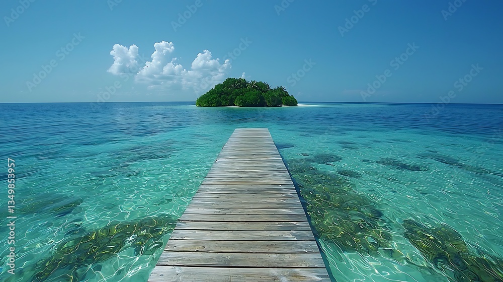 Naklejka premium Tranquil Island Getaway Wooden Dock Turquoise Ocean