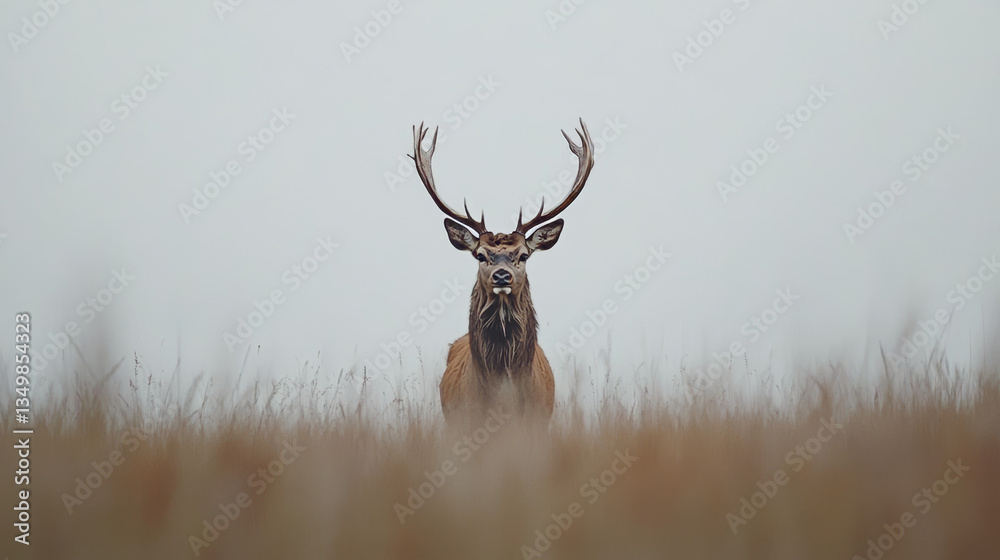 Obraz premium A strong stag with impressive antlers stands prominently in tall grass, shrouded in morning fog. The stillness of the scene enhances the stag's majestic presence against the soft hues of nature
