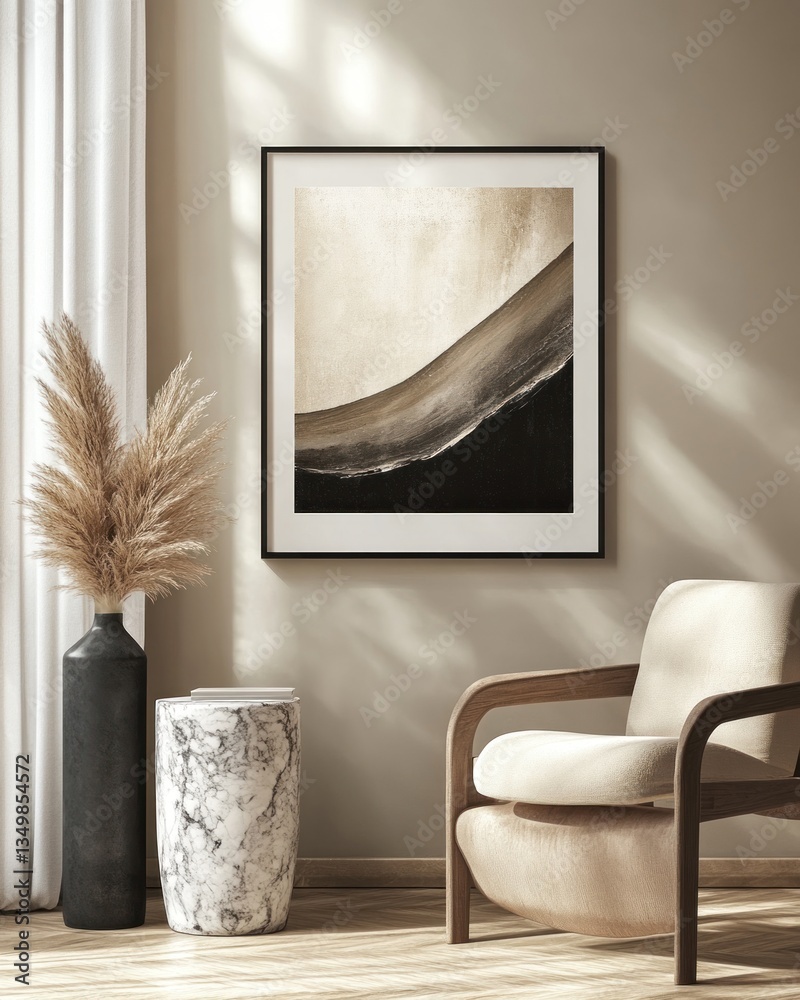 Obraz premium Abstract art print in beige and black tones displayed in a modern living room setting.