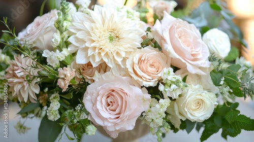 Soft Petals Symphony: A delicate arrangement of soft, pastel-colored roses and dahlias, evoking romance and grace. Captured at close range, the image emphasizes the beauty of floral design.