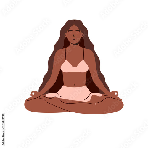 African american woman meditating in lotus pose. Black girl sitting in zen yoga position in peace. Relaxation exercise. Vector illustration isolated on white background