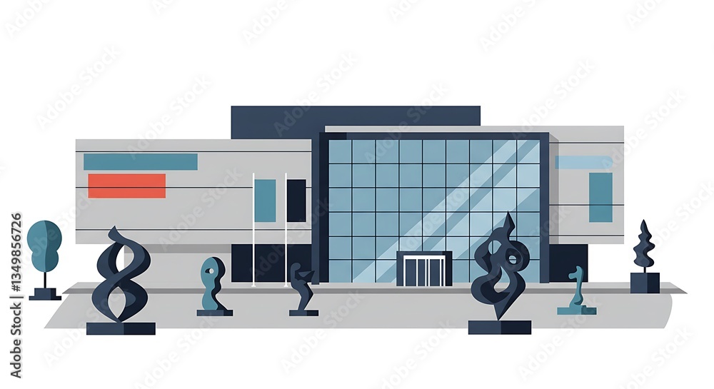 Naklejka premium Art Museum Building with Sculptures in the Plaza Illustration
