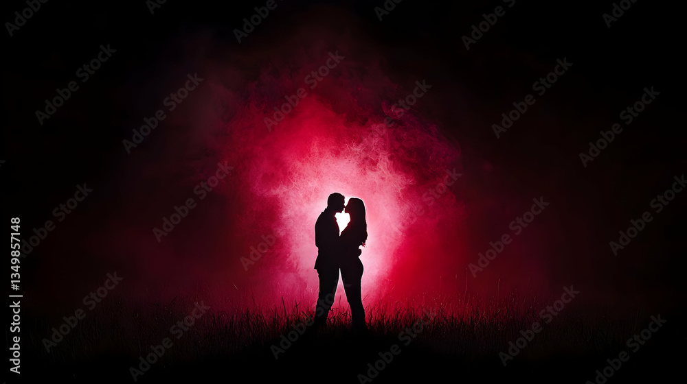 Fototapeta premium Silhouette Couple Kissing In Red Light