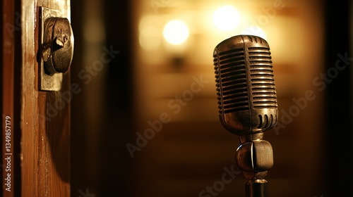 Vintage Microphone in Recording Studio: A classic vintage microphone stands ready in a dimly lit recording studio, capturing the anticipation of a musical performance or podcast recording.
