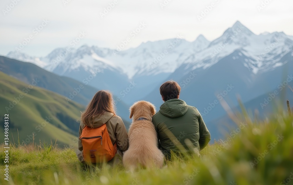 Fototapeta premium Couple and Dog Admiring Mountain View