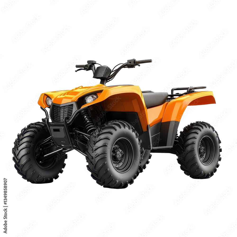 A red four-wheeler ATV positioned on a plain white background, showcasing its design and color. A red four-wheeler ATV positioned on a plain white background, showcasing its design and color.