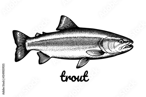 trout Fish Vintage Engraved. Ink style, hand drawn illustration. Isolated on white background, vector illustration.