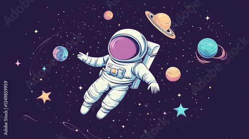 Exploration of space depicted through hand-drawn astronaut doodle illustration in vector format