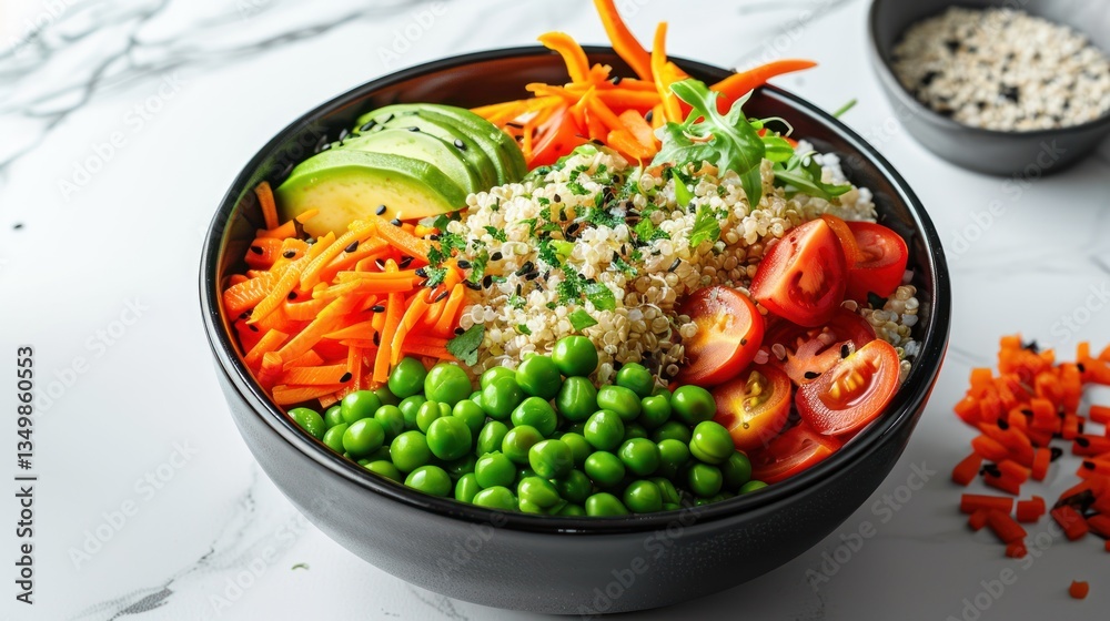 Delicious Quinoa Bowl with Avocado, Carrots, Peas and Tomatoes Delicious Quinoa Bowl with Avocado, Carrots, Peas and Tomatoes
