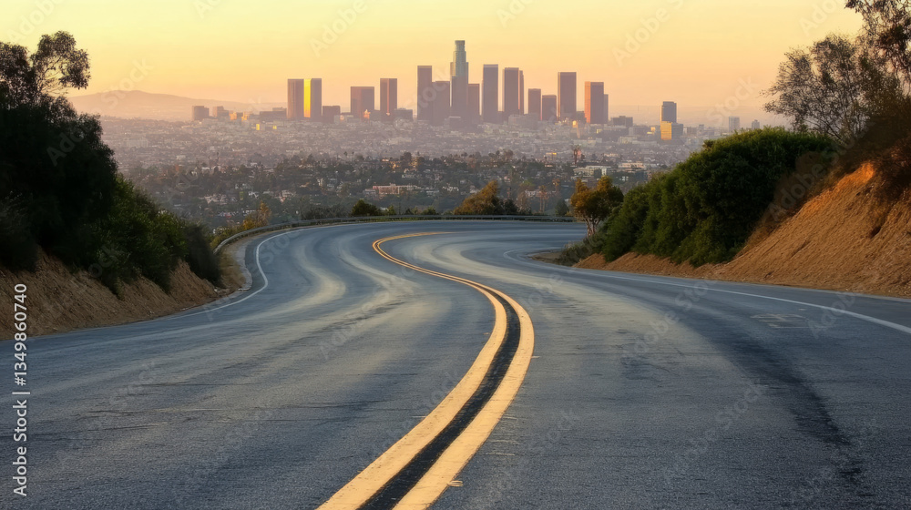 Fototapeta premium Curving road leads to the Los Angeles skyline as the sun sets behind the city, casting warm golden lights over the buildings and surrounding landscape
