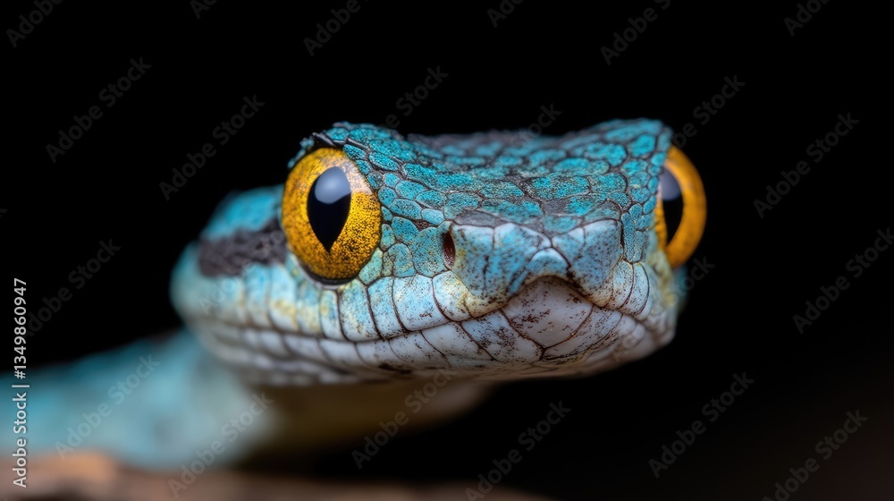 Fototapeta premium Close-up of a striking venomous snake. Vibrant blue and light scales with bright yellow eyes. Dangerous reptile in nature