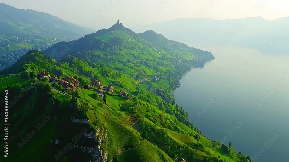 Fototapeta premium Scenic alpine valley, village nestled on mountainside overlooking lake