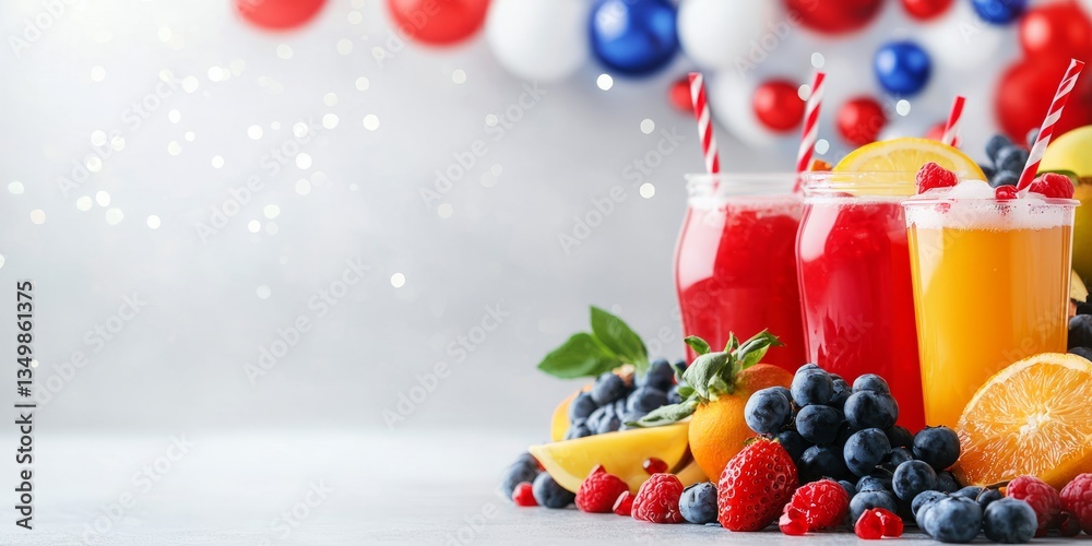 Naklejka premium Refreshing Summer Fruit Juices in Bright Jars with Straw Decorations