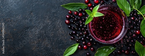 Elderberry Elixir: An overhead view showcases a vibrant glass of elderberry juice surrounded by a bountiful arrangement of fresh elderberries and verdant leaves on a textured surface.