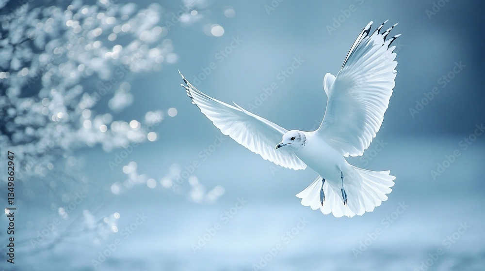 Obraz premium Flying White Seagull in Winter Wonderland, Frozen Tree Branches, Cold Scenery