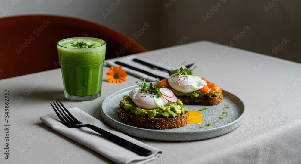 Avocado toast with poached eggs and green juice on table Avocado toast with poached eggs and green juice on table
