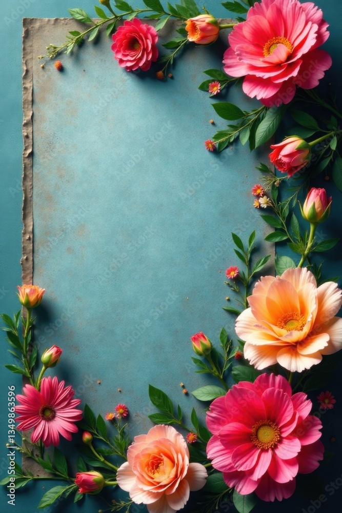 Fototapeta premium Beautiful floral arrangement on textured paper, botanical, colorful, spring