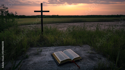 A cross and an open Bible lie on the ground, with a sunset in the background. The Bible lies flat. A path leads to it, stretching into the distance. Grass surrounds the scene. 