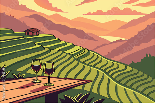 52 Sunset over terraced rice fields, mountainous landscape, golden light, two wine glasses in foreground, wooden table, dramatic sky, misty valleys, lush green terraces, aerial view, cinematic lightin
