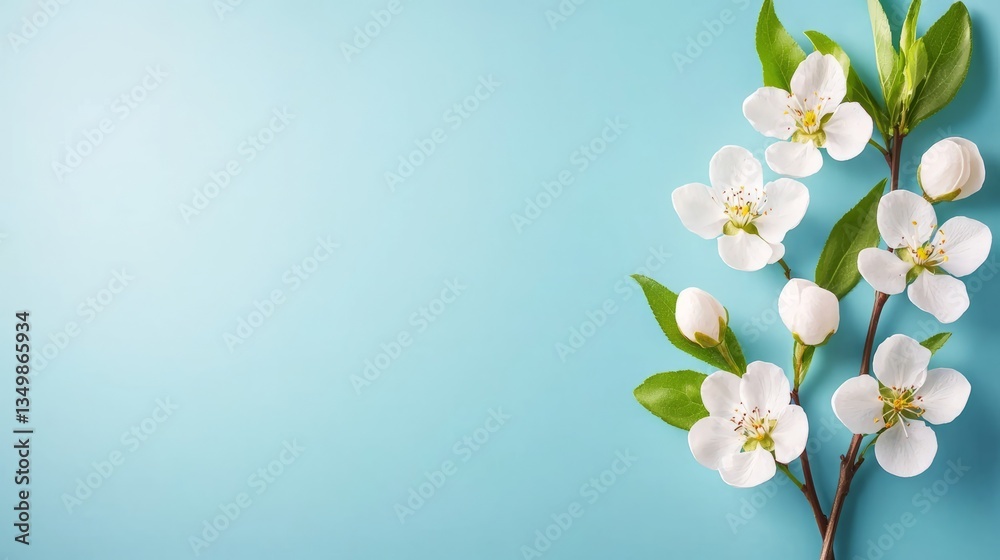 Fototapeta premium Elegant White Flowers on Branch Against Soft Blue Background