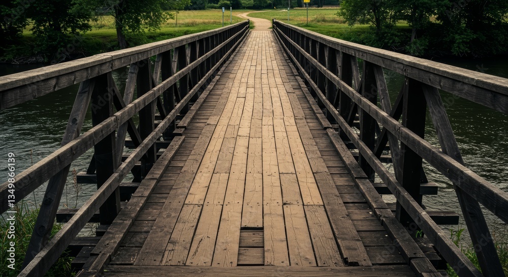 Fototapeta premium Rustic Wooden Bridge Over Serene Waterscape Guiding to Lush Green Meadow